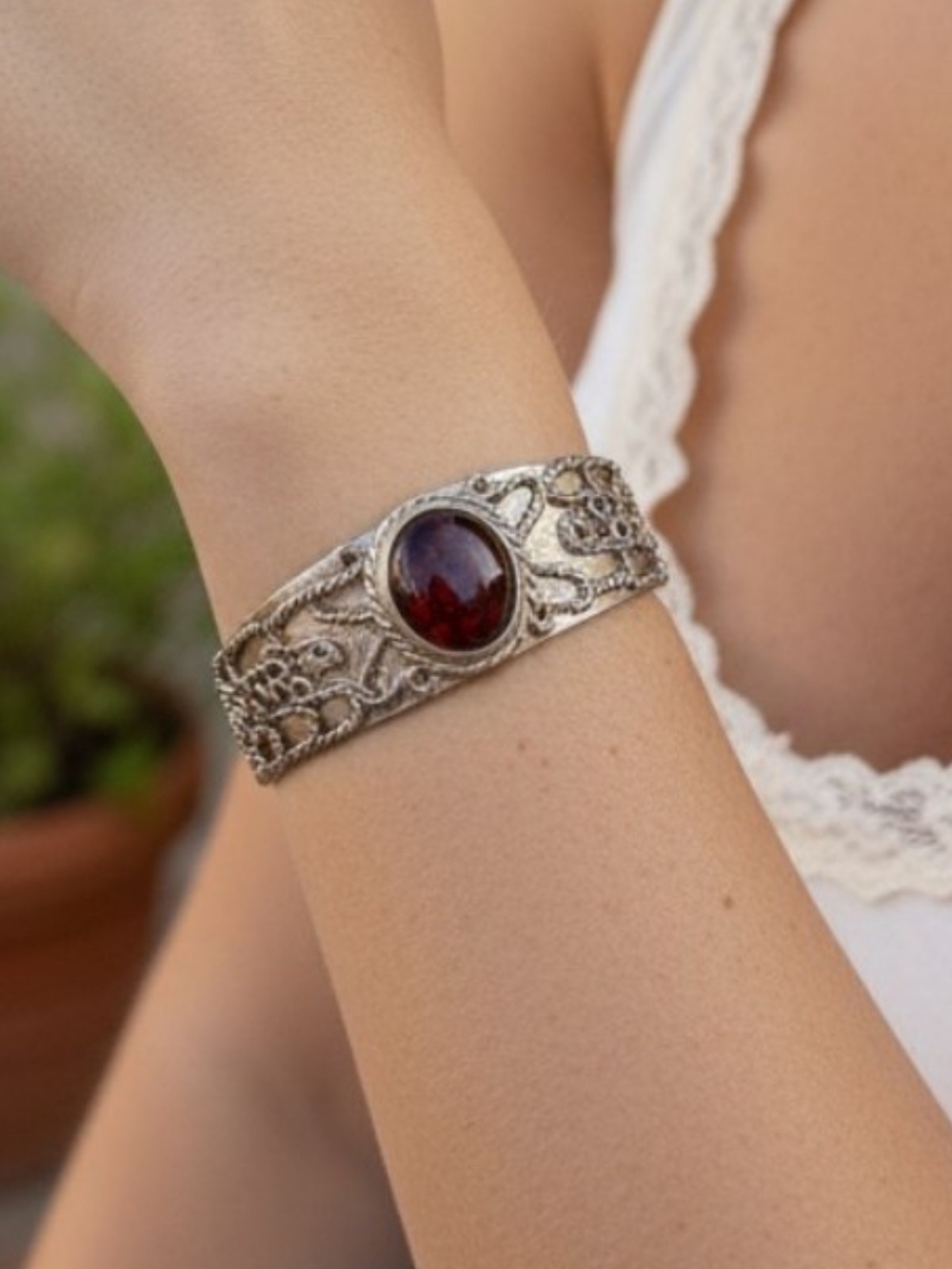 ✨️TAXCO! Ornate Sterling Silver Cuff Bracelet with Deep Red Amber Cabochon!
